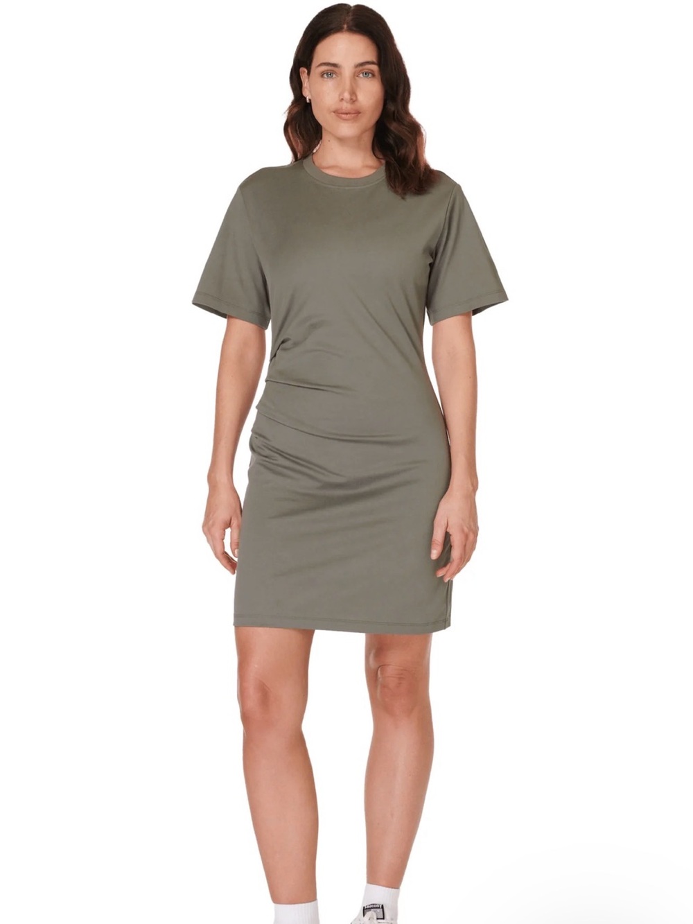 NWOT Sweaty Betty Olive Green Ruched T-Shirt Mini Dress Size 10 (UK L)